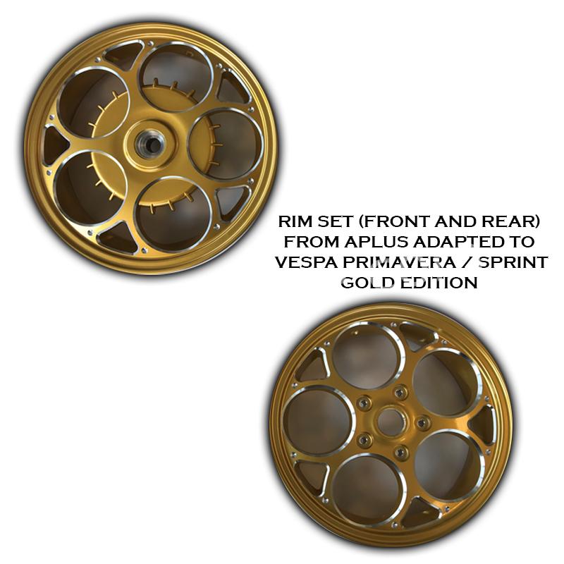 RIM SET (FRONT AND REAR) FROM APLUS ADAPTED TO VESPA PRIMAVERA / SPRINT GOLD EDITION